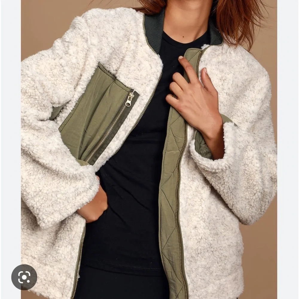 FREE People Large Riverton olive & cream Sherpa jacket